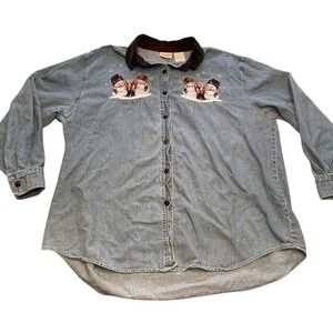 Vintage Denim Women's Christmas Button Up Shirt 18/20W Embroidered Snowman FLAWS